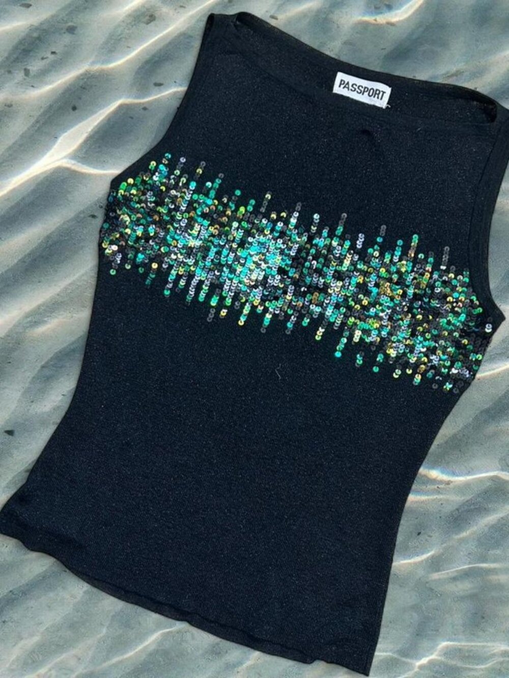 Rare Sequin Mermaid Top by Passport ⭐️ Ibiza Festival Y2K Glam Medium Black